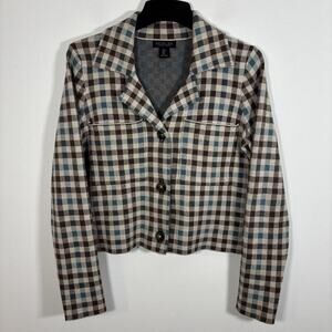 Rachel Zoe Button Up Cardigan Shacket Sweater Blazer Brown Plaid Large Fall